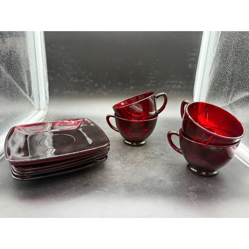 Vintage Anchor Hocking Royal Ruby Red Glass Tea Cups & Square Saucers Set of 10